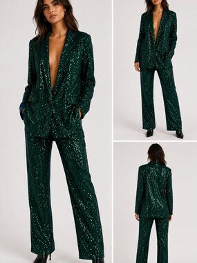 One 33 Social Sequin Pants Suit Green Size Small/Medium